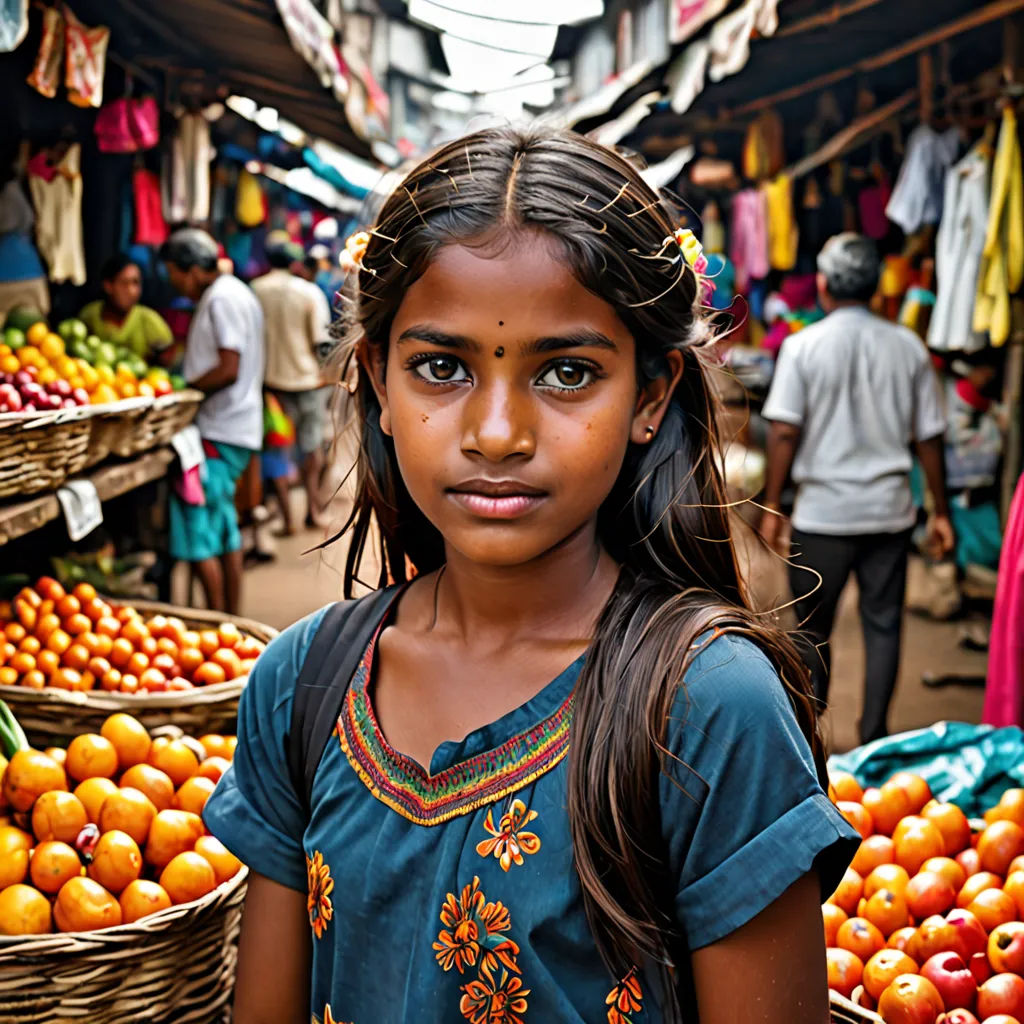 a young girl standing in front of a fruit stand with oranges and other fruit in baskets on the ground, samikshavad, a stock photo, Ella Guru, portrait photography