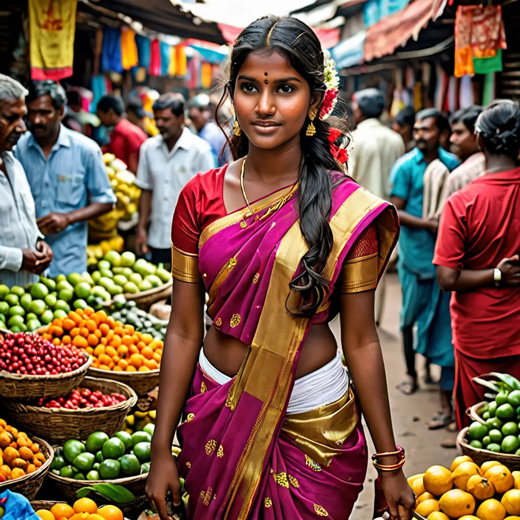 a woman in a sari standing in front of a fruit stand in a market area with many fruits, samikshavad, a stock photo, Ella Guru, award - winning photography