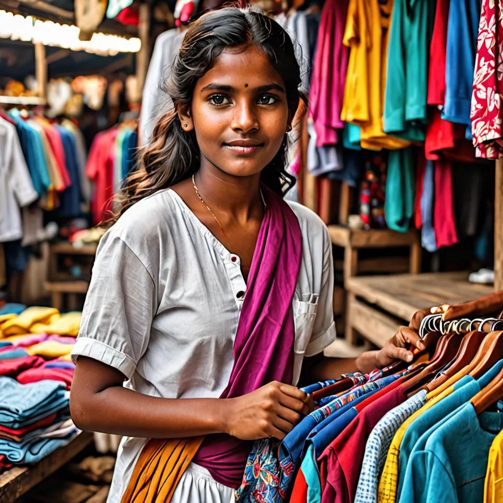 a woman standing in front of a rack of clothes in a market place with a variety of colors on the shirts, samikshavad, a stock photo, Ella Guru, portrait photography