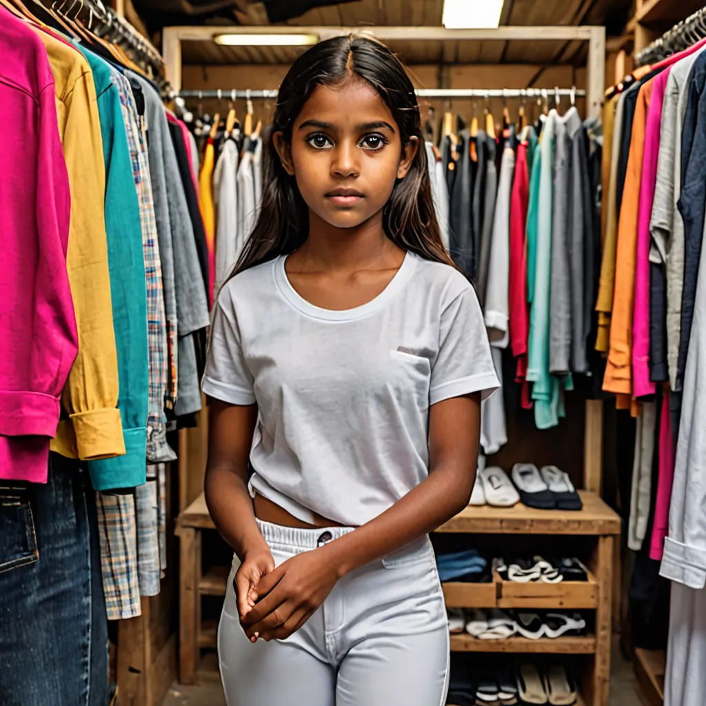 a young girl standing in front of a rack of clothes in a closet with a rack of shirts on the wall, american barbizon school, an album cover, Daniel Lieske, promotional image