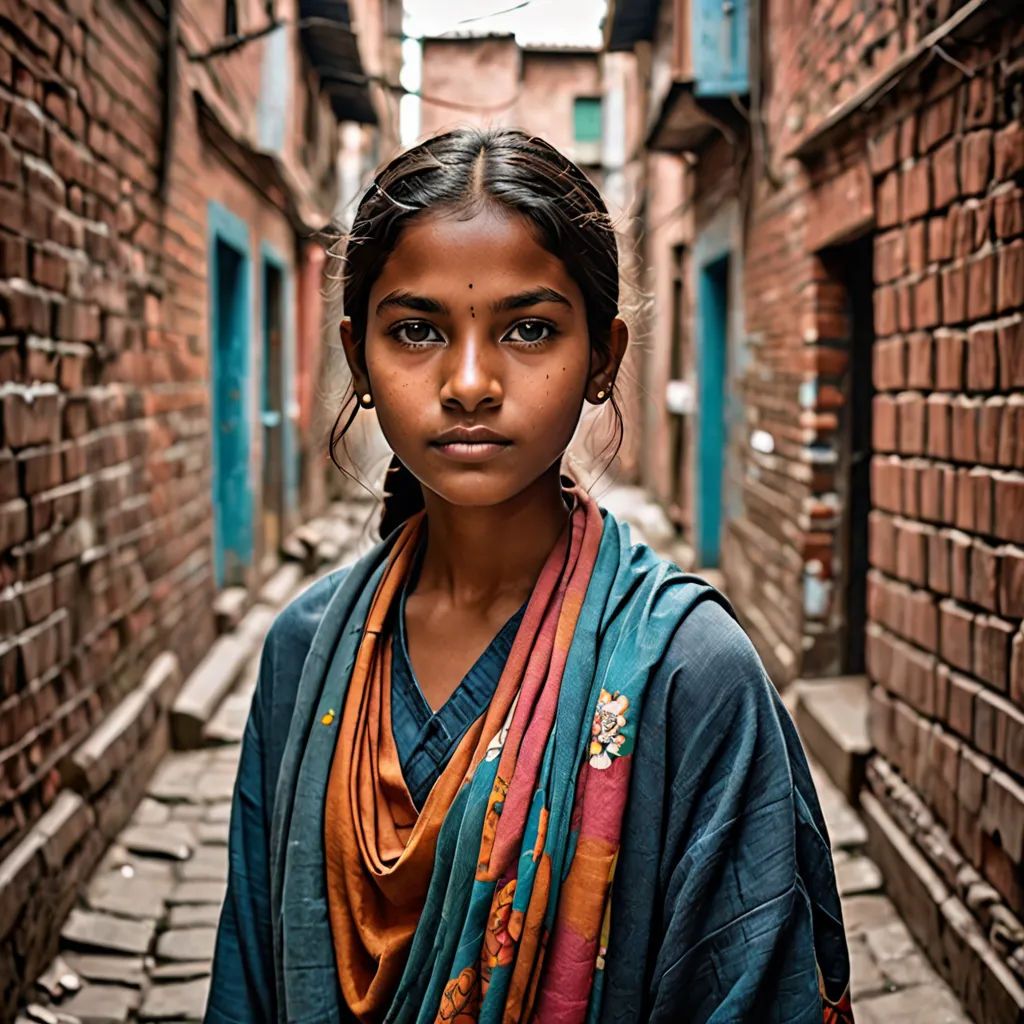 a woman standing in a narrow alley way with a scarf around her neck and a brick building in the background, bengal school of art, a portrait, Daniel Lieske, award-winning photograph