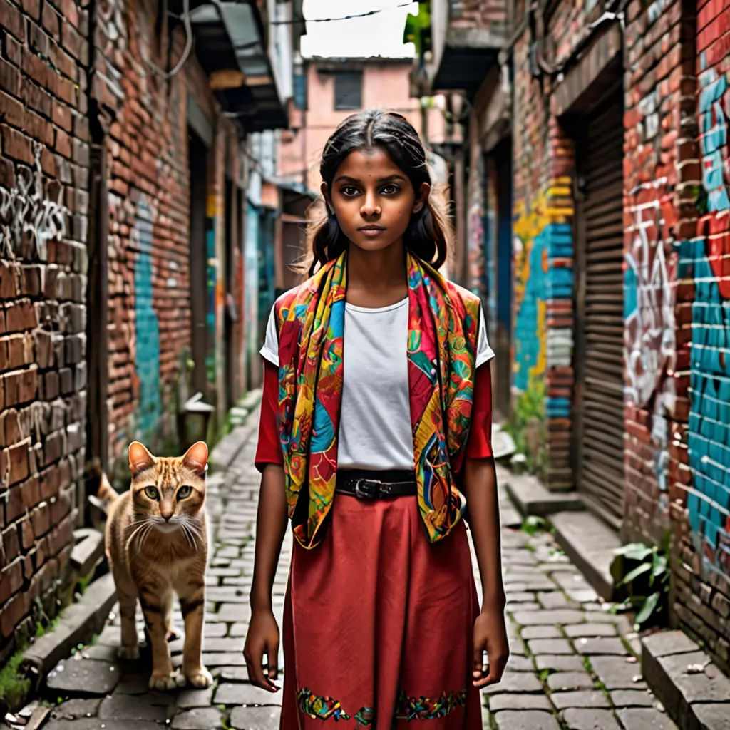 a young girl standing in an alley with a cat nearby on a brick walkway with graffiti on the walls, bengal school of art, a character portrait, Ella Guru, promotional image