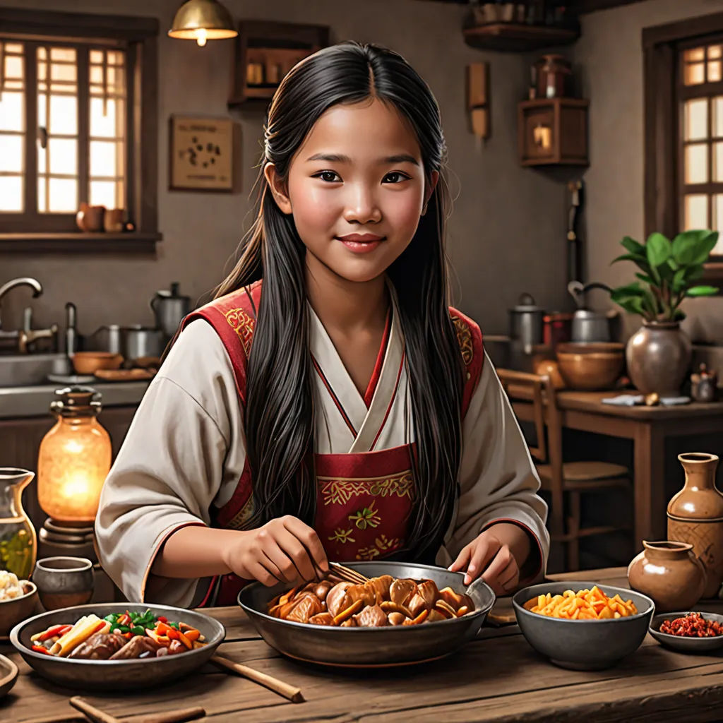 a painting of a girl in a chinese dress eating food at a table with a lantern in the background, photorealism, a character portrait, Byeon Sang-byeok, cgstudio