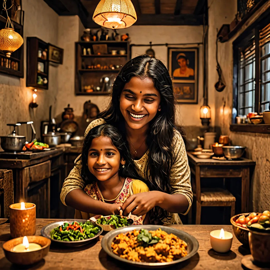 a woman and a girl are sitting at a table with food in front of them and candles on the table, samikshavad, a stock photo, Ella Guru, promotional image