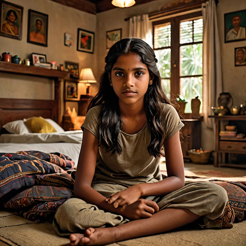 a young girl sitting on a bed in a bedroom with a lot of pictures on the wall behind her, samikshavad, a poster, Ella Guru, promotional image