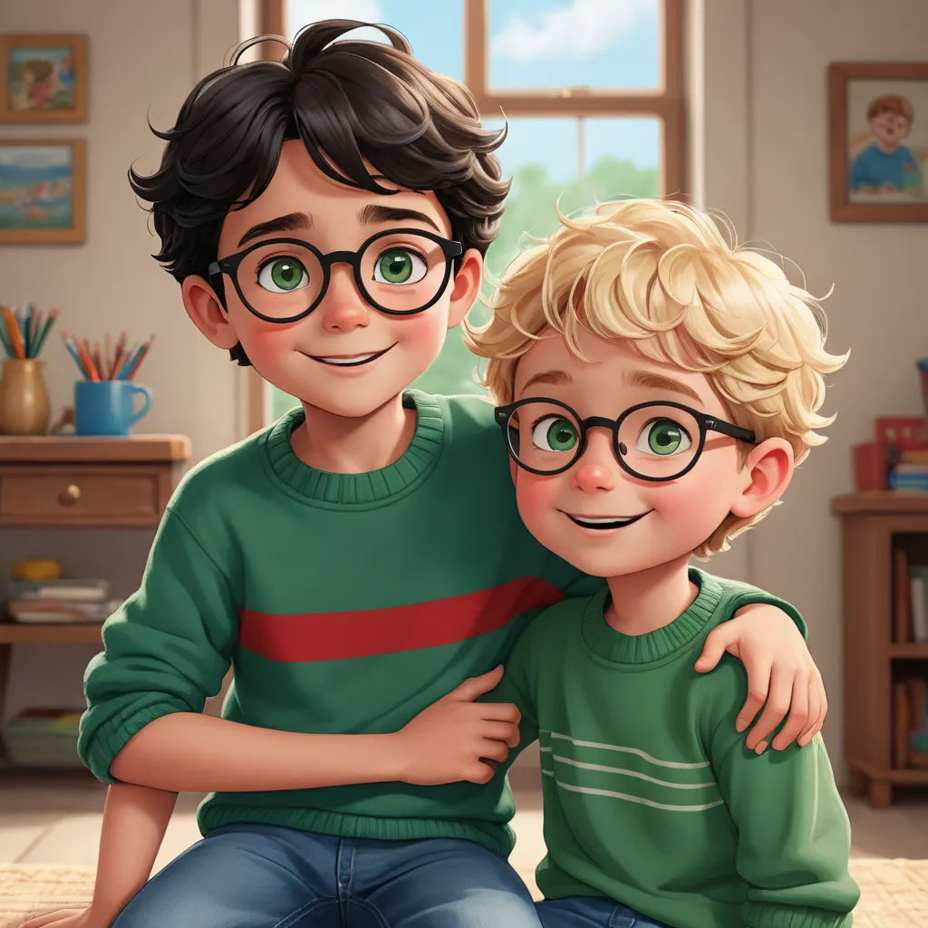 a boy and a boy sitting on a bed with their arms around each other and smiling at the camera, sots art, a storybook illustration, Brothers Hildebrandt, official art