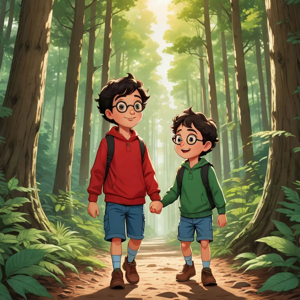 two children walking in the woods holding hands and smiling at the camera, with the sun shining through the trees, sots art, a storybook illustration, Diego Gisbert Llorens, official art