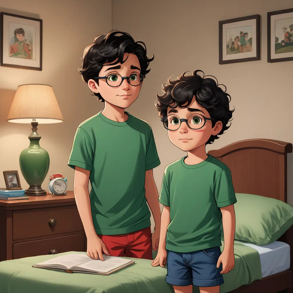 a boy and a boy in green shirts standing in front of a bed with a book on it and a lamp on the nightstand, sots art, concept art, Brothers Hildebrandt, official art