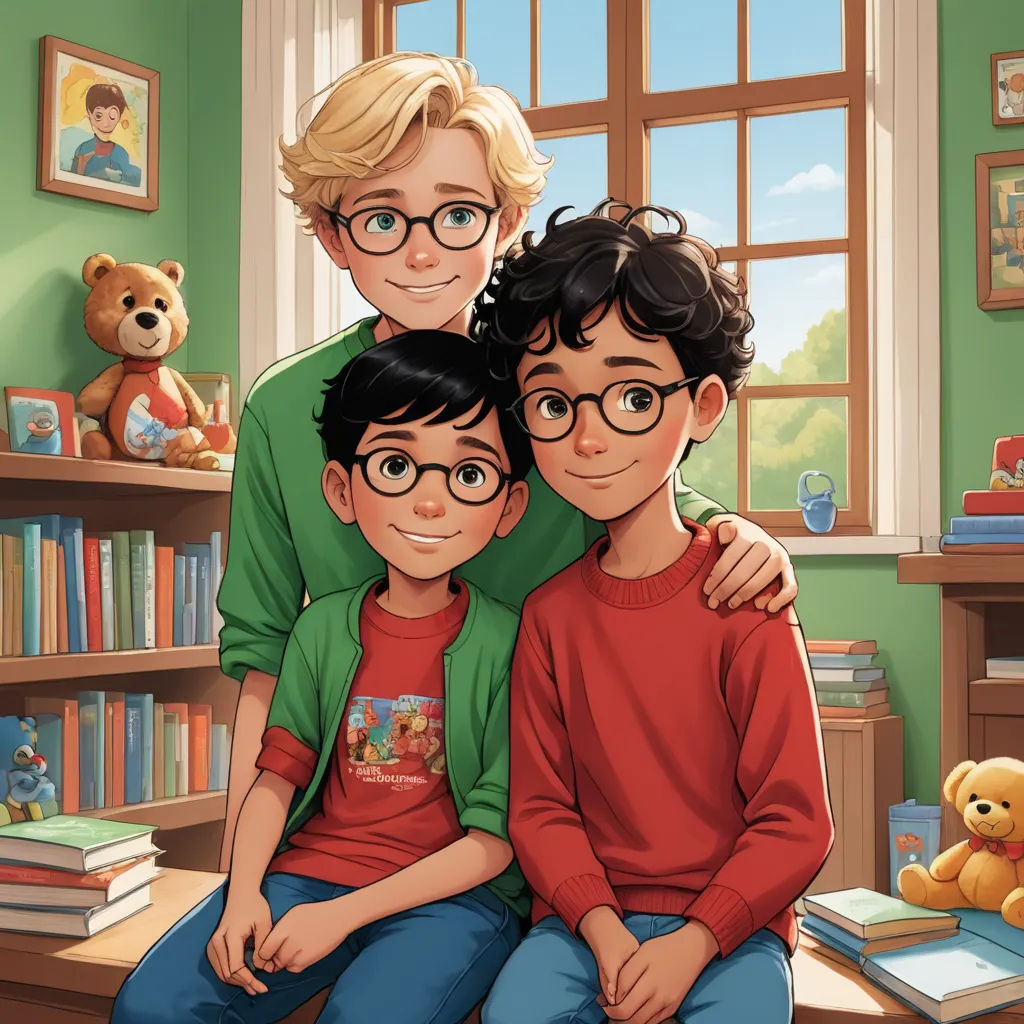 a boy and two boys sitting on a couch in front of a window with a teddy bear and books, sots art, a storybook illustration, Brothers Hildebrandt, official art