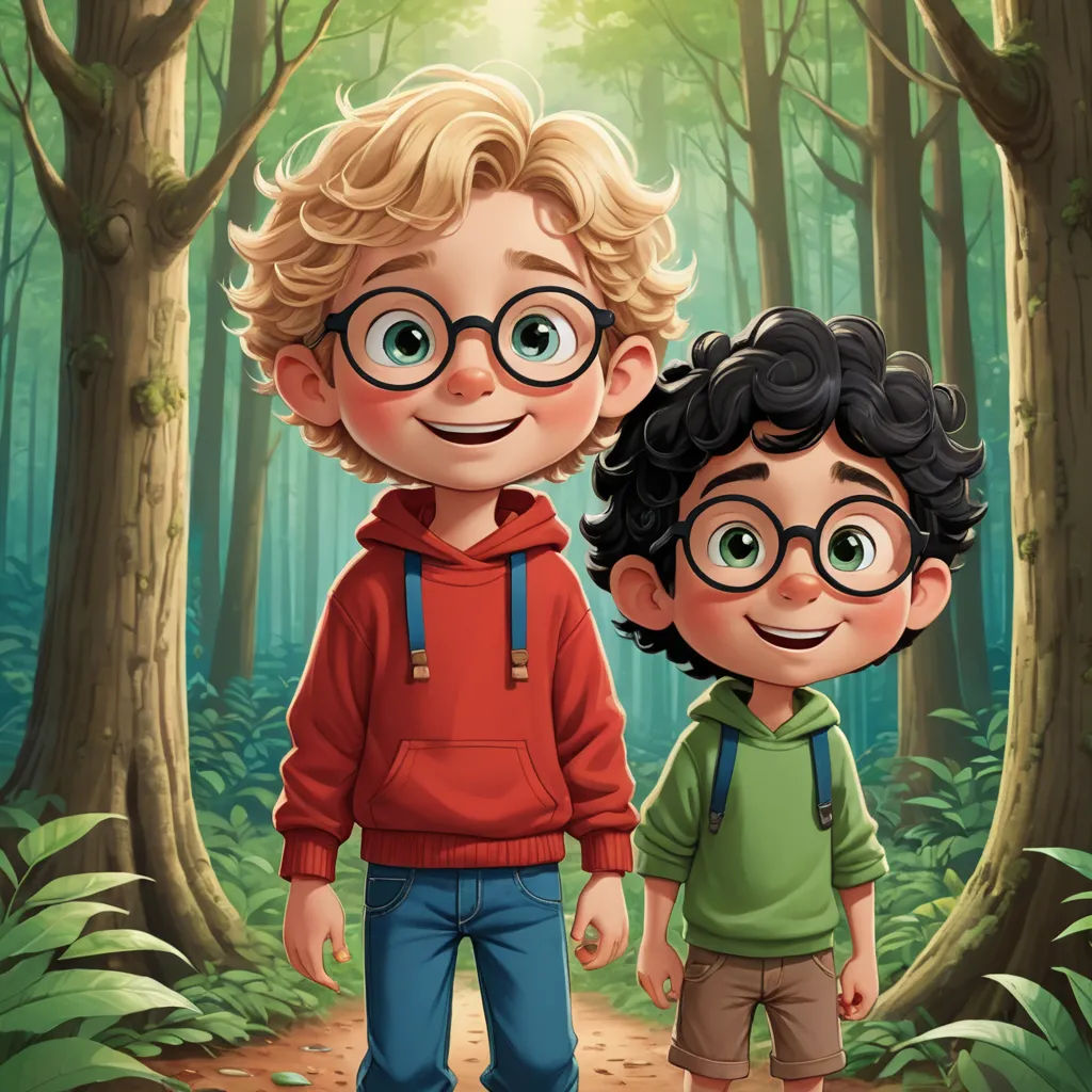 a boy and a boy in a forest with a light shining through the trees behind them, both wearing glasses, sots art, a storybook illustration, Diego Gisbert Llorens, key art