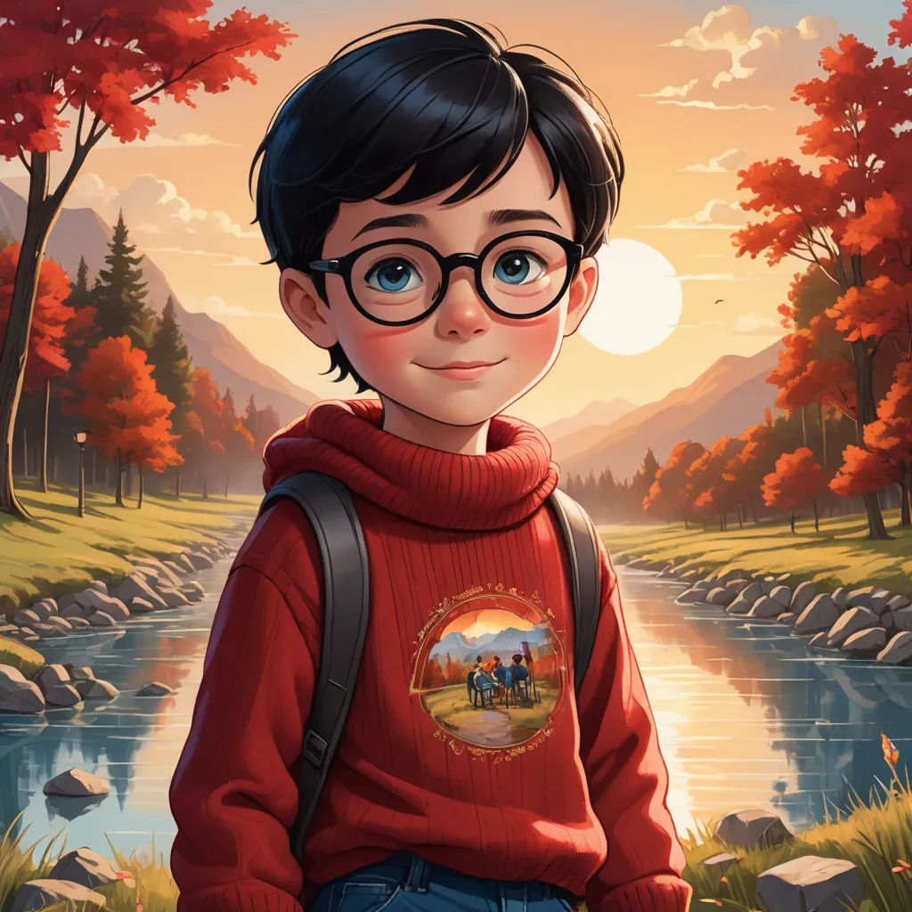 a boy with glasses and a red sweater is standing in front of a river and trees with red leaves, sots art, a character portrait, Cliff Childs, rossdraws global illumination