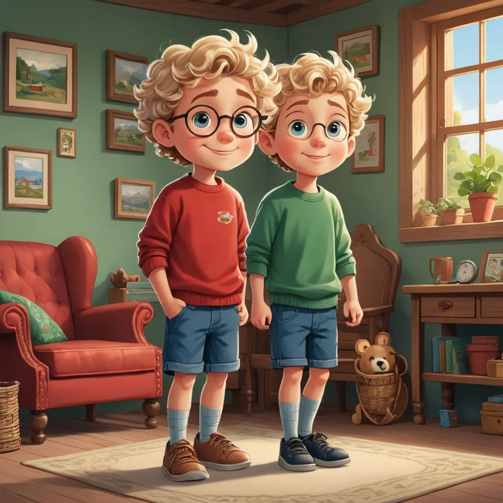 a couple of kids standing next to each other in a room with a couch and a table with a teddy bear, sots art, a storybook illustration, Brothers Hildebrandt, rossdraws global illumination