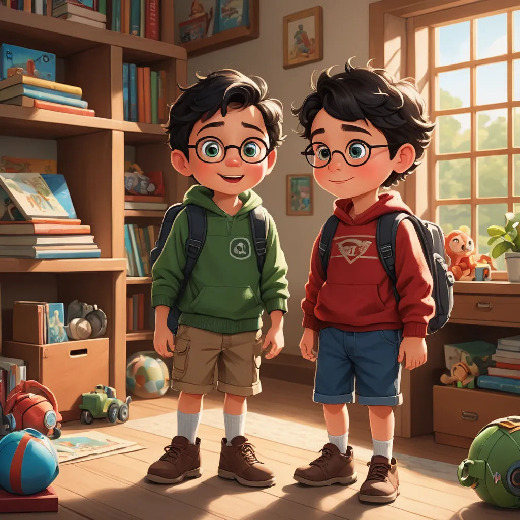 two young boys standing in a room with bookshelves and toys on the floor and a book shelf, sots art, a storybook illustration, Diego Gisbert Llorens, rossdraws global illumination