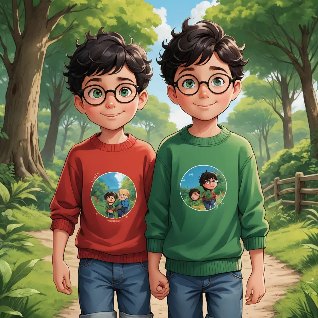two young boys standing next to each other in a forest with trees and grass on either side of them, sots art, concept art, Brothers Hildebrandt, official art