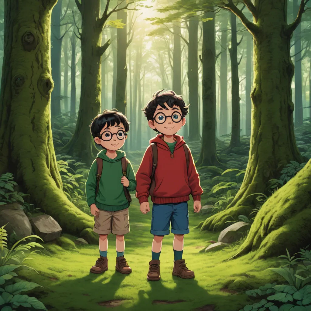 two young boys standing in a forest with trees and rocks in the background, with the sun shining through the trees, sots art, poster art, Diego Gisbert Llorens, official art