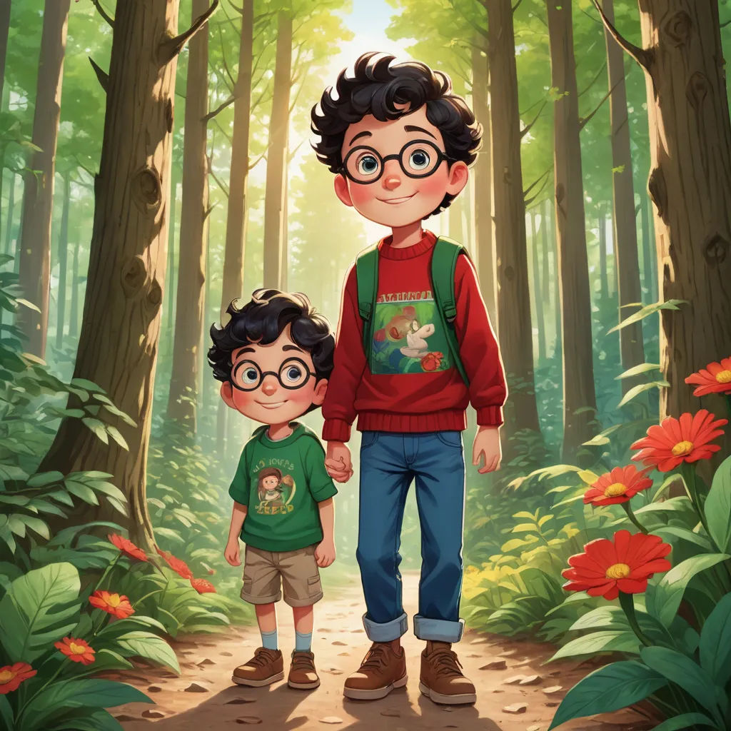 a boy and a boy are standing in the woods together, both wearing glasses and backpacks, and the boy is wearing a green shirt, sots art, a storybook illustration, Diego Gisbert Llorens, official art