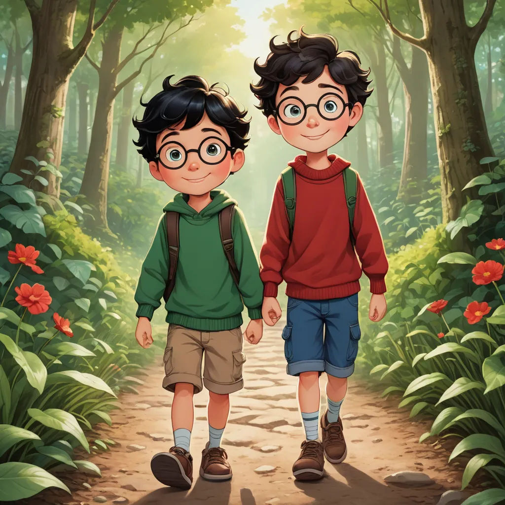 two young boys walking down a path in the woods holding hands and looking at the camera with a smile, sots art, concept art, Brothers Hildebrandt, official art