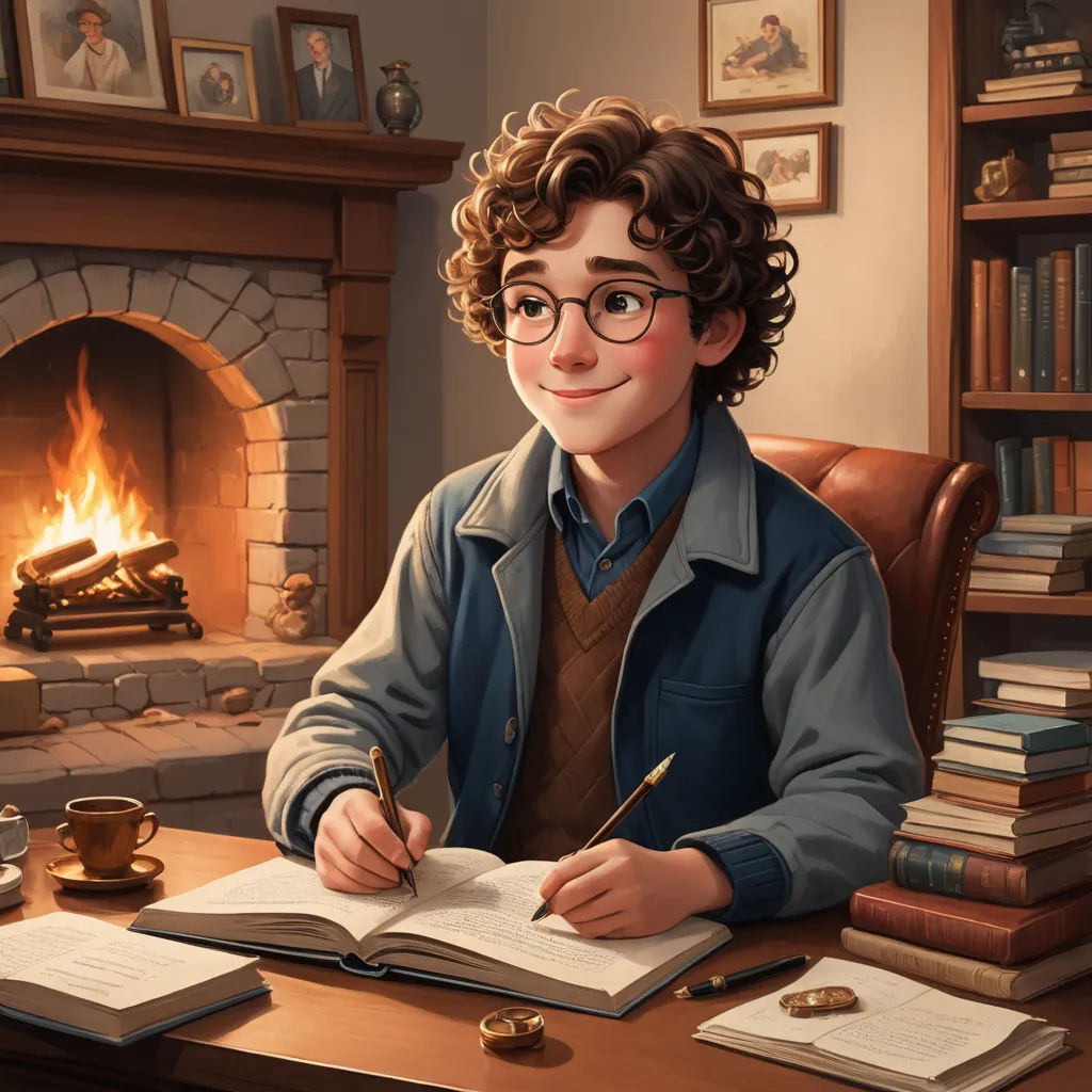a boy sitting at a desk with a book and pen in his hand and a cup of coffee in front of him, sots art, a storybook illustration, Diego Gisbert Llorens, storybook illustration