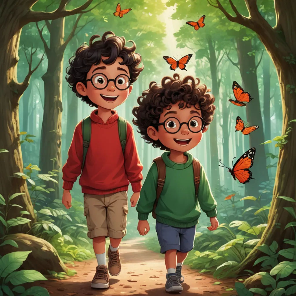 a couple of kids walking down a forest path with butterflies flying overhead in the background of the picture, a boy and a girl are both wearing glasses, magic realism, a storybook illustration, Diego Gisbert Llorens, official art