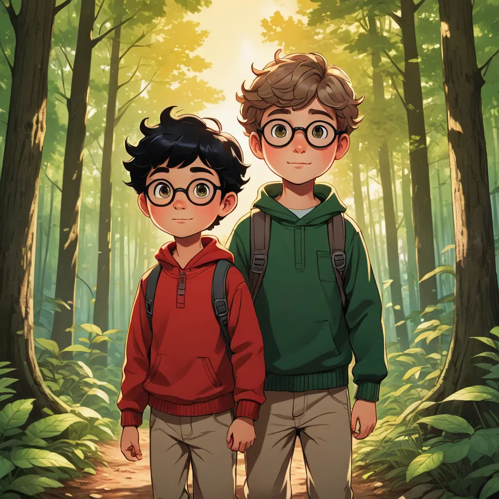 two boys standing in the woods with their backs to each other, one wearing a backpack and the other wearing a red shirt, sots art, concept art, Brothers Hildebrandt, official art
