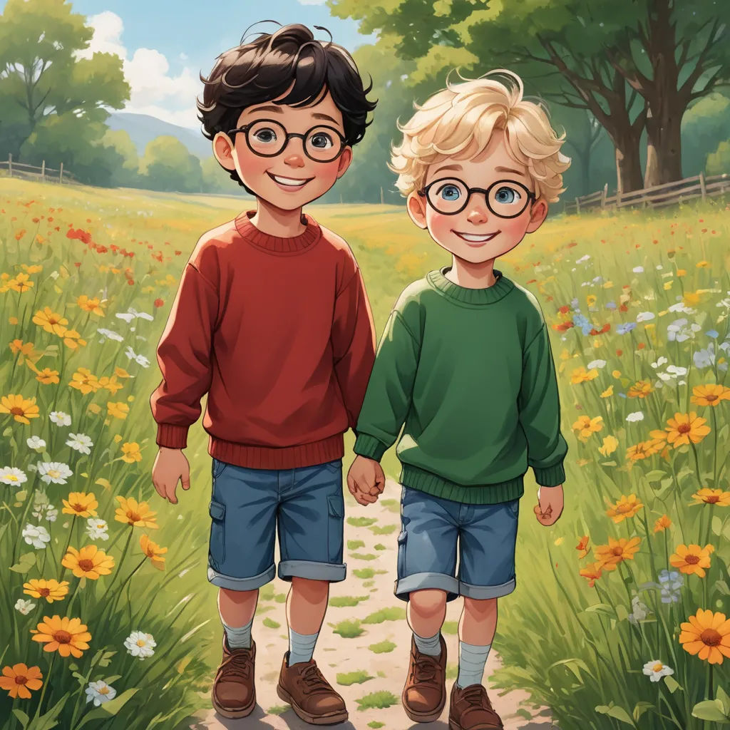 a couple of kids standing next to each other on a field of flowers and grass with trees in the background, sots art, a storybook illustration, Brothers Hildebrandt, official art