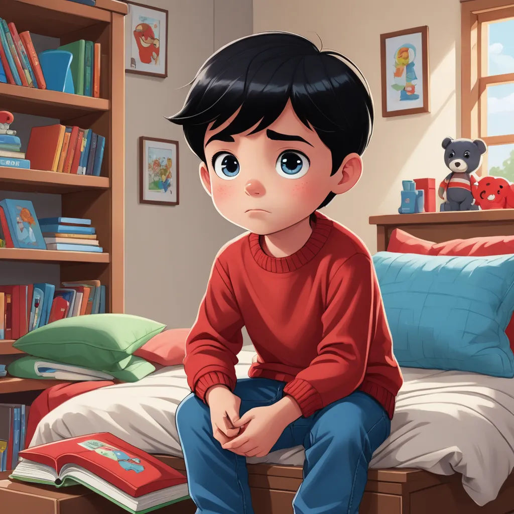 a boy sitting on a bed in a bedroom with a bookcase and a teddy bear on the bed, lyco art, a storybook illustration, Diego Gisbert Llorens, storybook illustration
