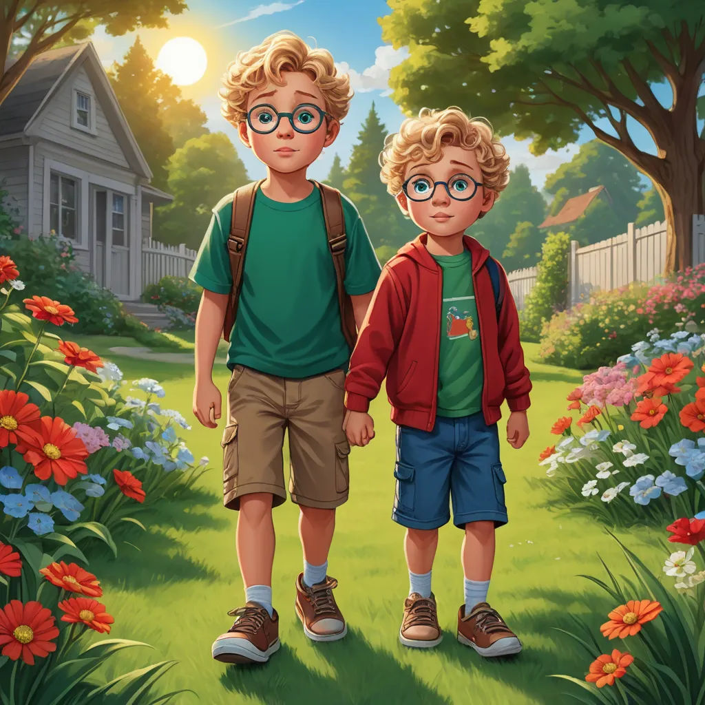 a couple of kids standing next to each other on a field of flowers and grass with a house in the background, american scene painting, a storybook illustration, Brothers Hildebrandt, official art