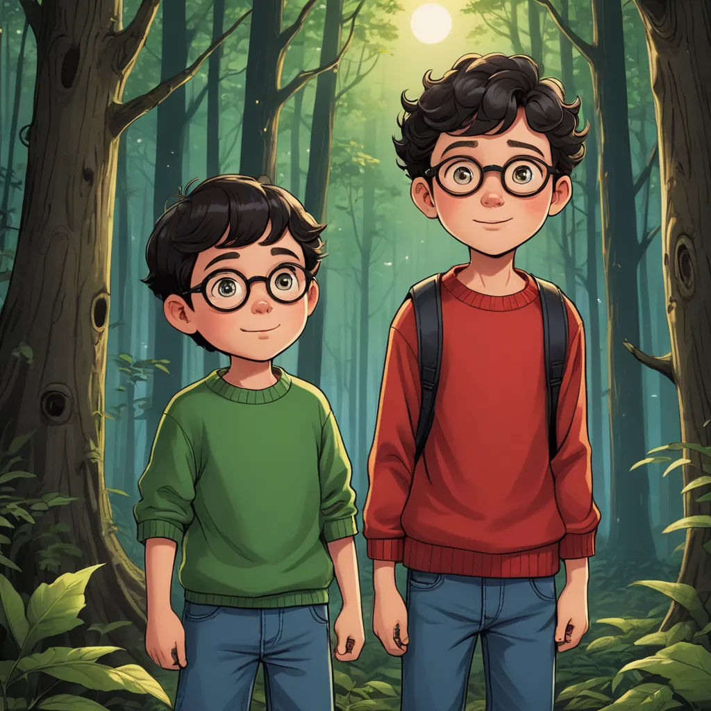 two young boys standing in a forest with a bright light shining on them and trees behind them, with a sun shining through the trees, sots art, concept art, Diego Gisbert Llorens, official art