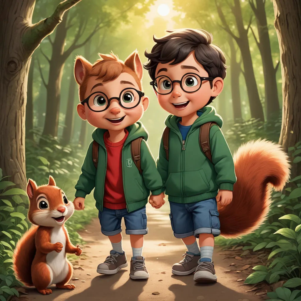 two young boys are standing in the woods with a squirrel and a squirrel on a path between them, both wearing glasses, sots art, a storybook illustration, Brothers Hildebrandt, official art