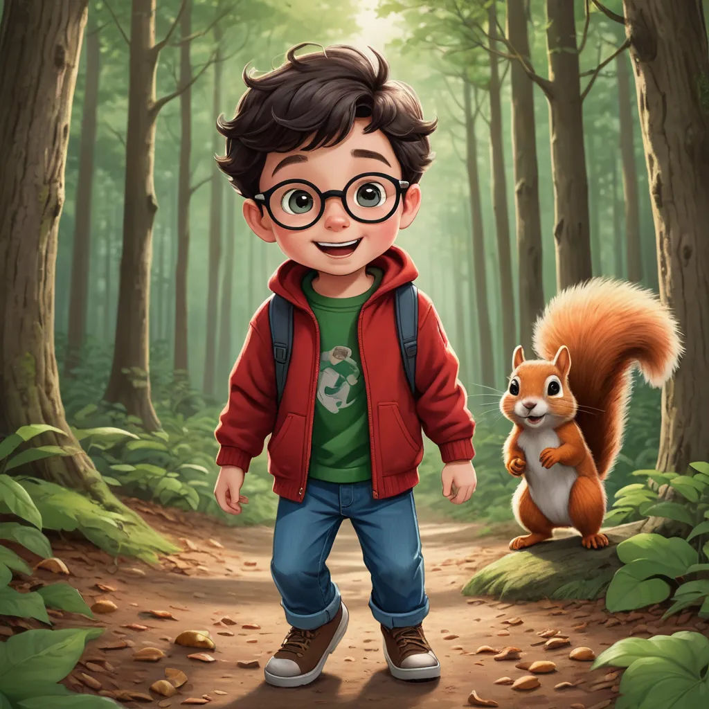 a boy in a red jacket and glasses standing in a forest with a squirrel on the ground and a forest background, sots art, a character portrait, Chris LaBrooy, character portrait