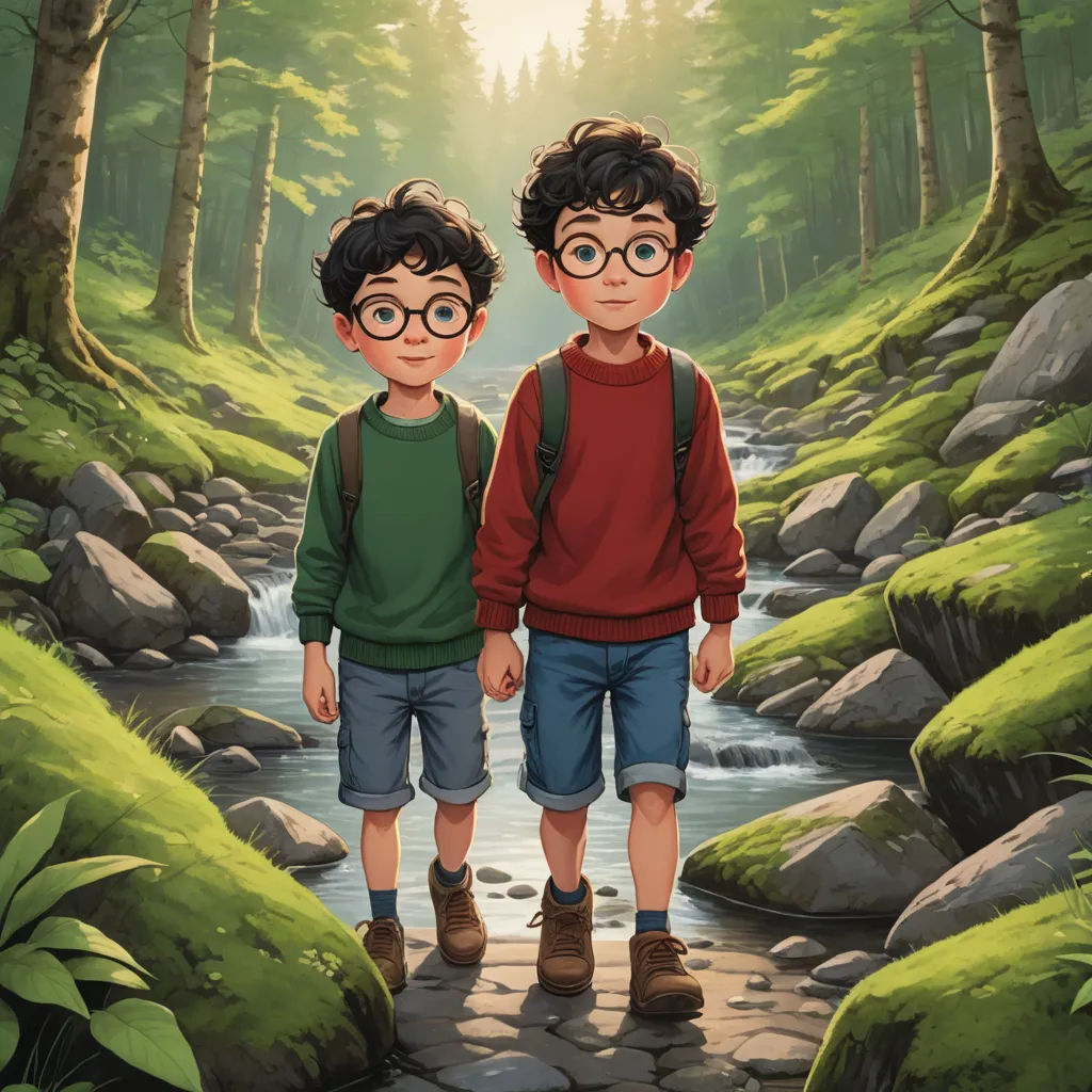 two boys standing in a forest with a stream in the background and a forest with rocks and grass on the ground, sots art, a storybook illustration, Brothers Hildebrandt, official art