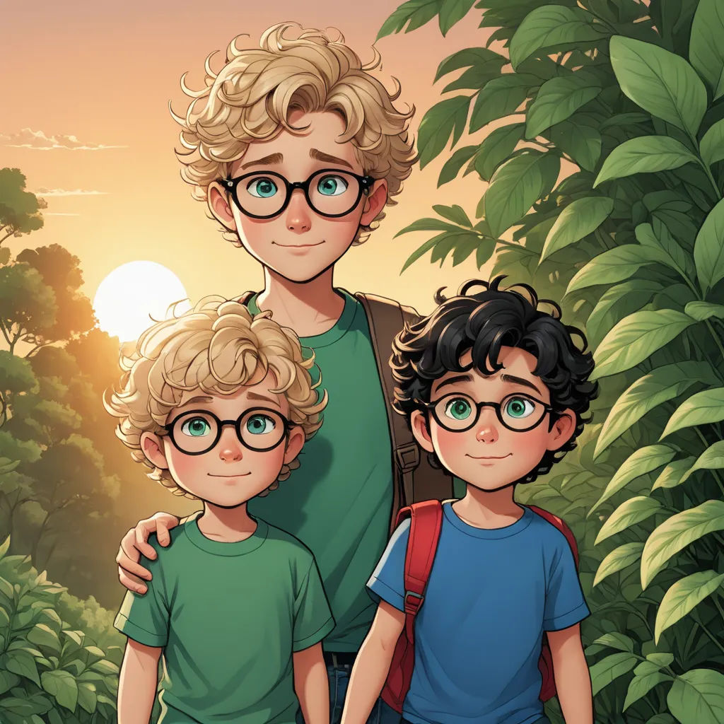 a man and two boys standing in front of a forest at sunset with the sun behind them and trees, sots art, a character portrait, Brothers Hildebrandt, official art
