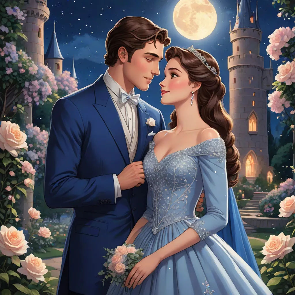 a painting of a man and woman in formal wear standing in front of a castle at night with a full moon, Edwin Georgi, sots art, a storybook illustration, kinkade
