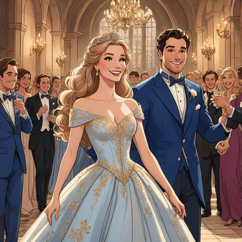 a man and woman in formal wear standing in front of a crowd of people in formal wear and tuxedos, disney, sots art, a storybook illustration, official art