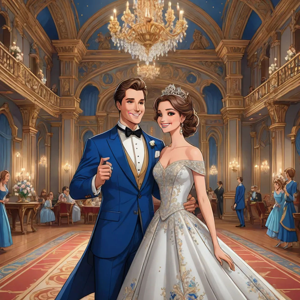 a man and woman in formal wear standing in a ballroom with chandeliers and chandeliers on the ceiling, disney, sots art, a storybook illustration, official art