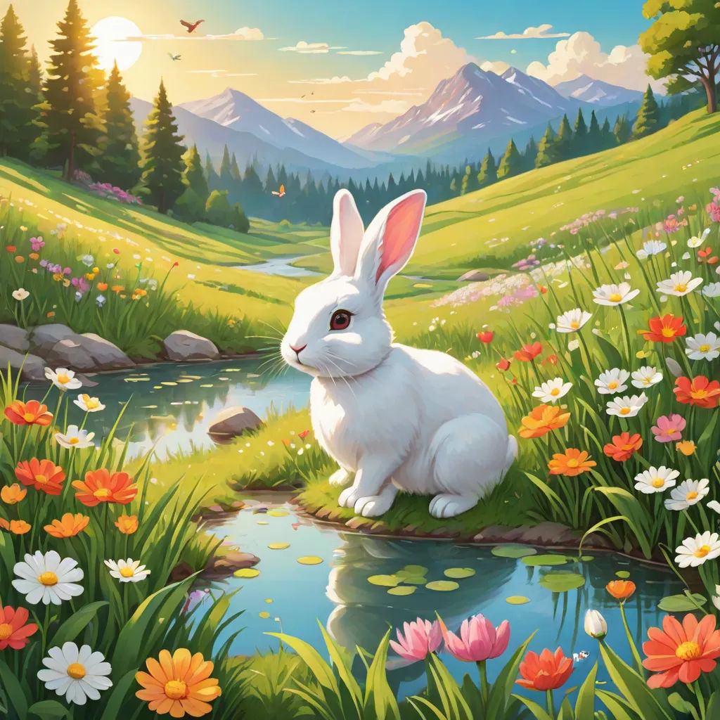 a painting of a white rabbit sitting in a field of flowers by a stream of water with a mountain in the background, Chris LaBrooy, fantasy art, a storybook illustration, official art
