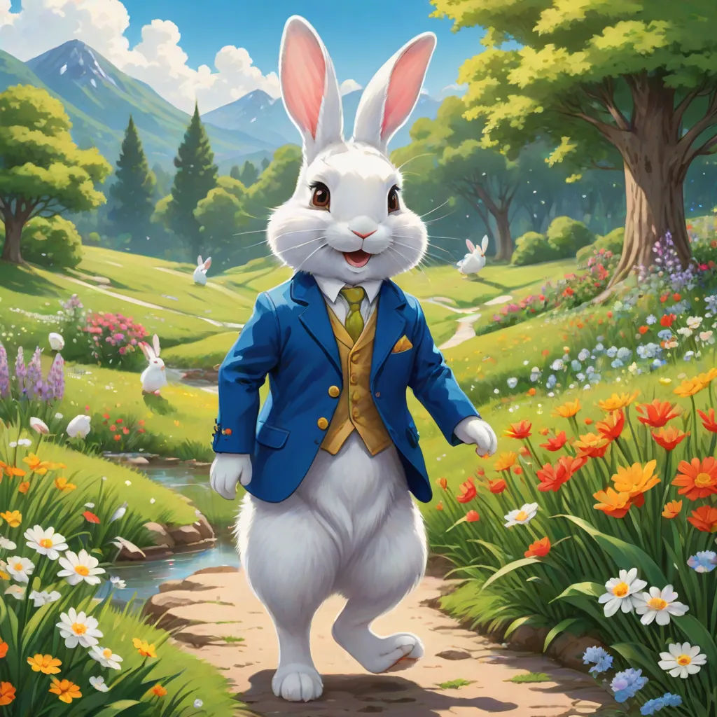 a white rabbit in a blue suit and tie walking down a path with flowers and trees in the background, Chris LaBrooy, furry art, a character portrait, official art