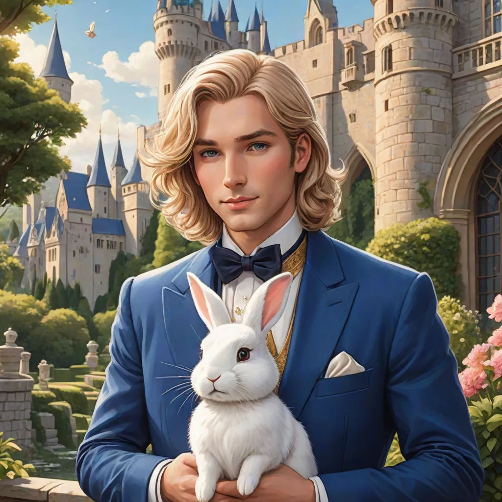a man in a blue suit holding a white rabbit in front of a castle with a pink flower bush, Edwin Georgi, furry art, a character portrait, official art