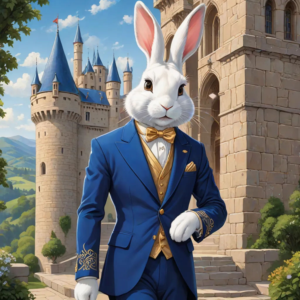 a white rabbit in a blue suit and gold tie walking towards a castle with a castle in the background, Chris LaBrooy, furry art, a character portrait, official art