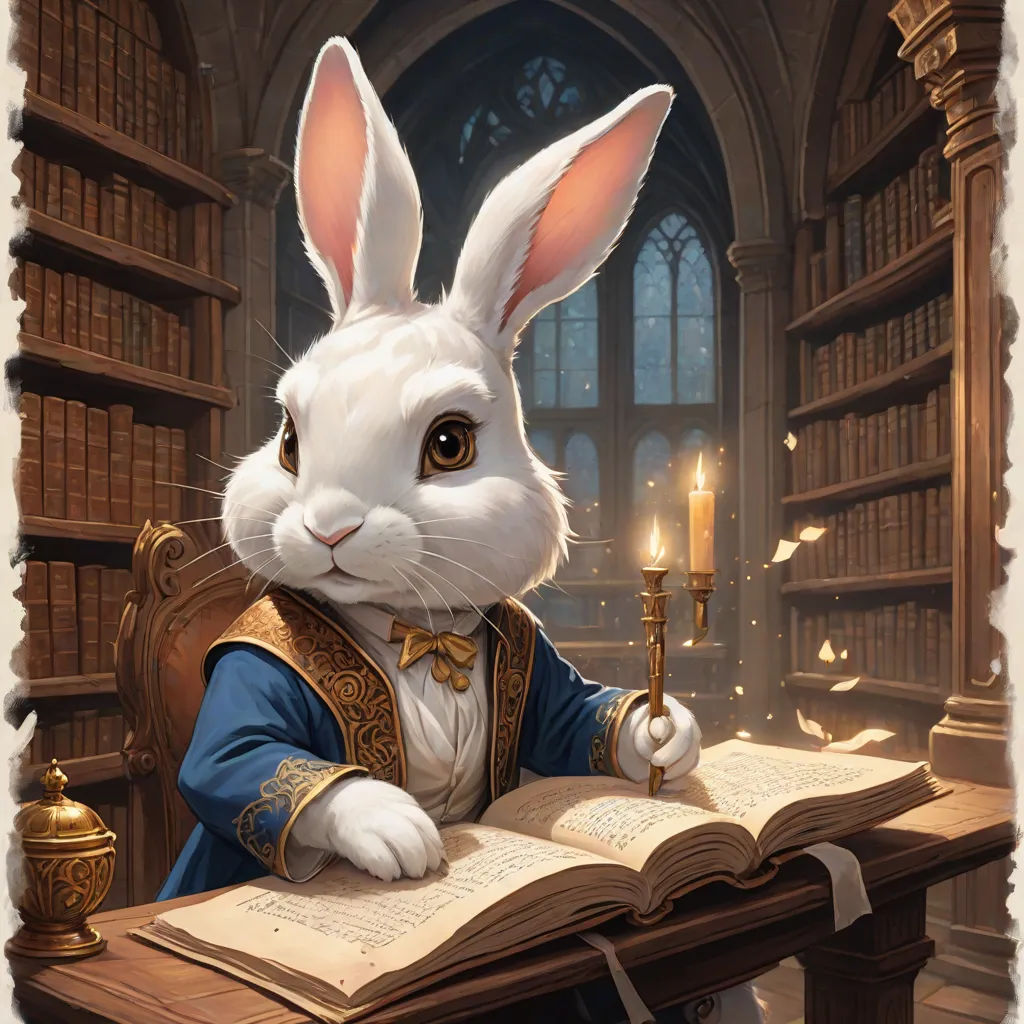 a white rabbit sitting at a desk with a book and a candle in front of it, reading a book, Ed Binkley, fantasy art, a character portrait, fantasy character portrait