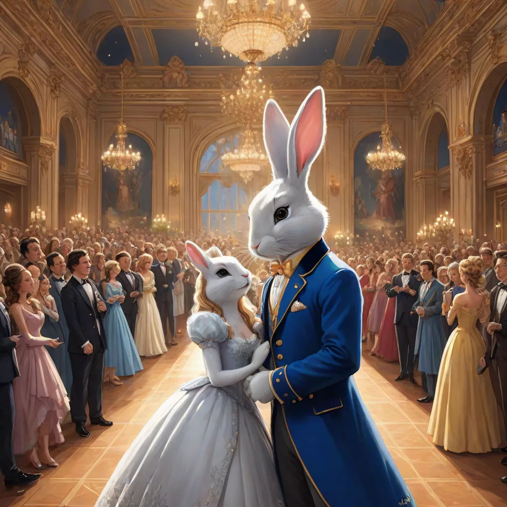 a rabbit and a princess in a ballroom with a crowd of people in the background, all dressed in formal clothing, Chris LaBrooy, furry art, a storybook illustration, official art