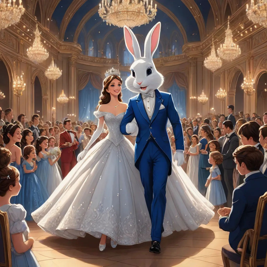 a man and woman in wedding dresses walking through a hall with a rabbit in the middle of the room, Chris LaBrooy, magical realism, a storybook illustration, official art