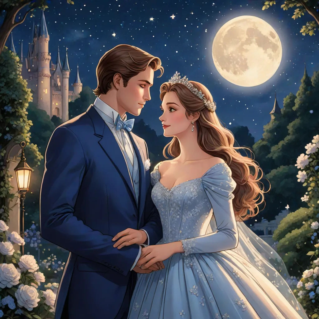 a painting of a couple dressed up in formal wear standing in front of a castle at night with the moon in the sky, disney, fantasy art, a storybook illustration, rossdraws global illumination