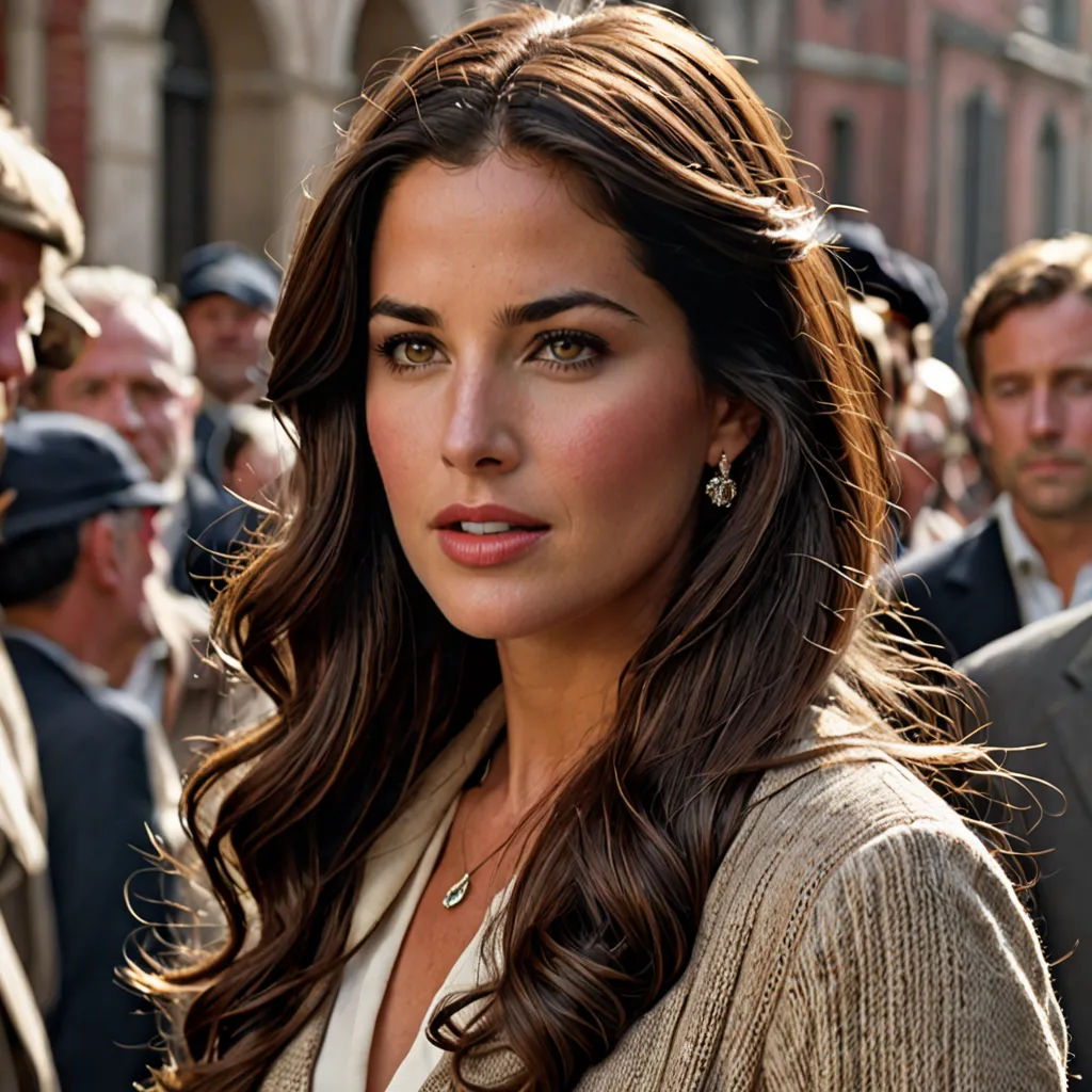 a woman with long hair and a tan sweater is standing in front of a crowd of people in a city, visual art, a photorealistic painting, Eva Gonzalès, promotional image