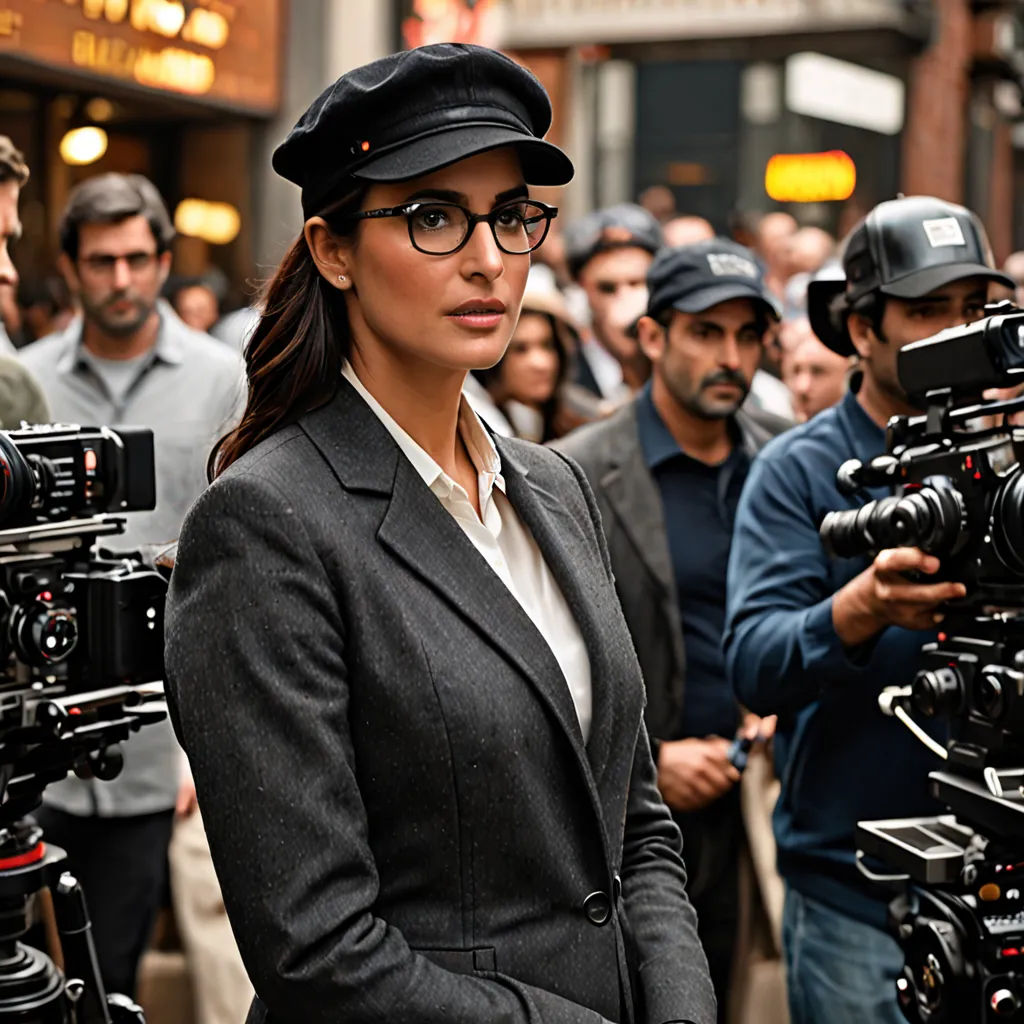 a woman in a suit and hat standing in front of a camera set up for a movie on a city street, private press, a renaissance painting, Ella Guru, promotional image