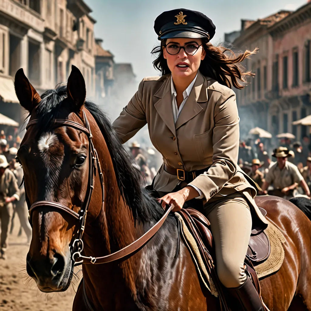 a woman in a uniform riding a horse in a street with a crowd of people in the background and a man in a uniform on the horse, magical realism, a poster, Araceli Gilbert, promotional image