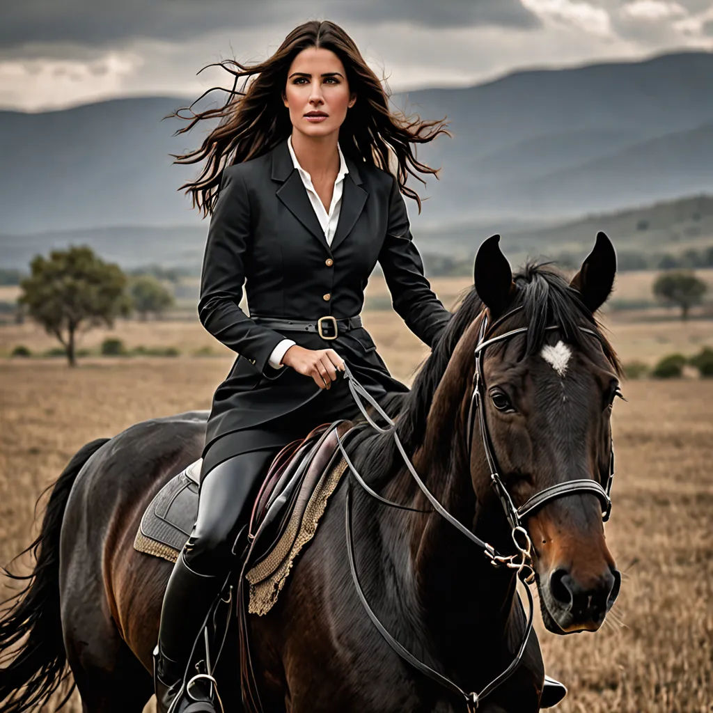 a woman riding a horse in a field of grass with mountains in the background and clouds in the sky, fine art, a poster, Annie Leibovitz, promotional image