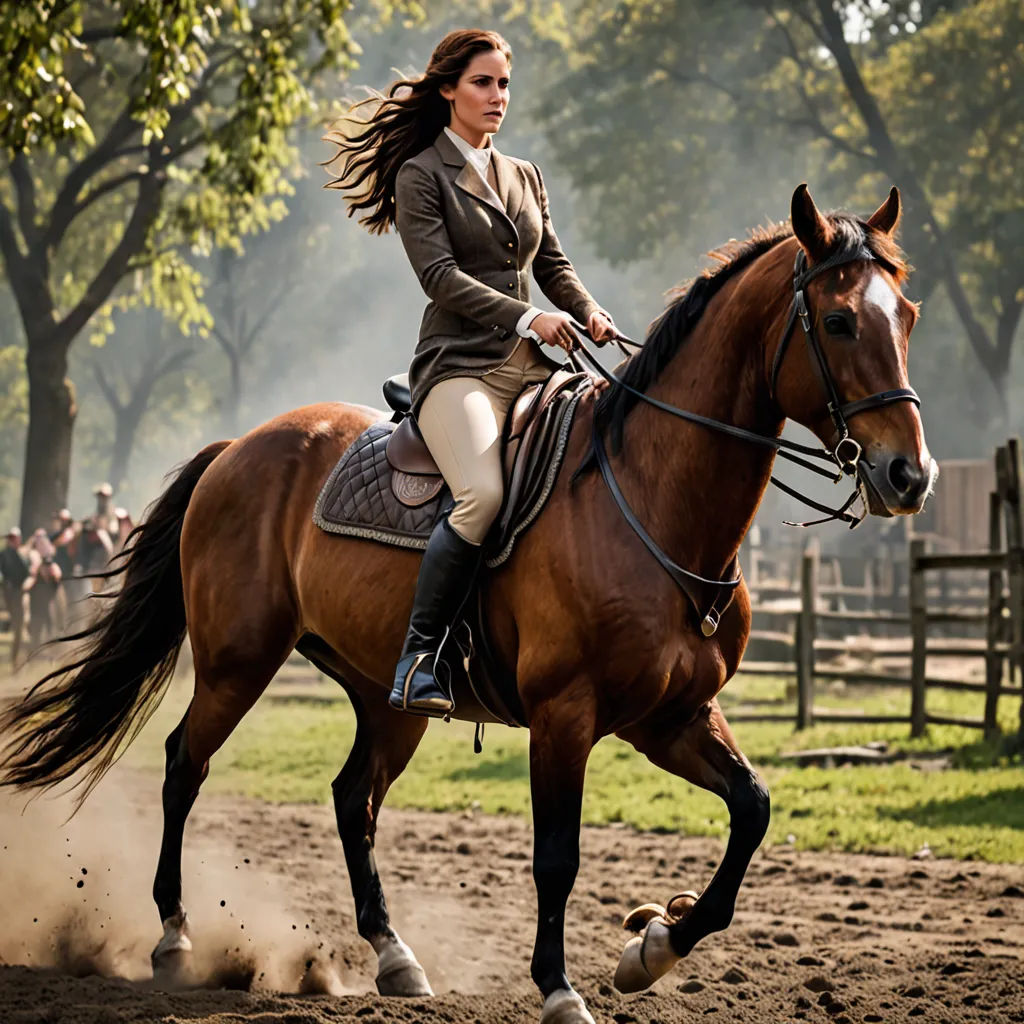 a woman riding a horse in a field of dirt and grass with trees in the background and people in the distance, pre-raphaelitism, a flemish Baroque, Boleslaw Cybis, promotional image