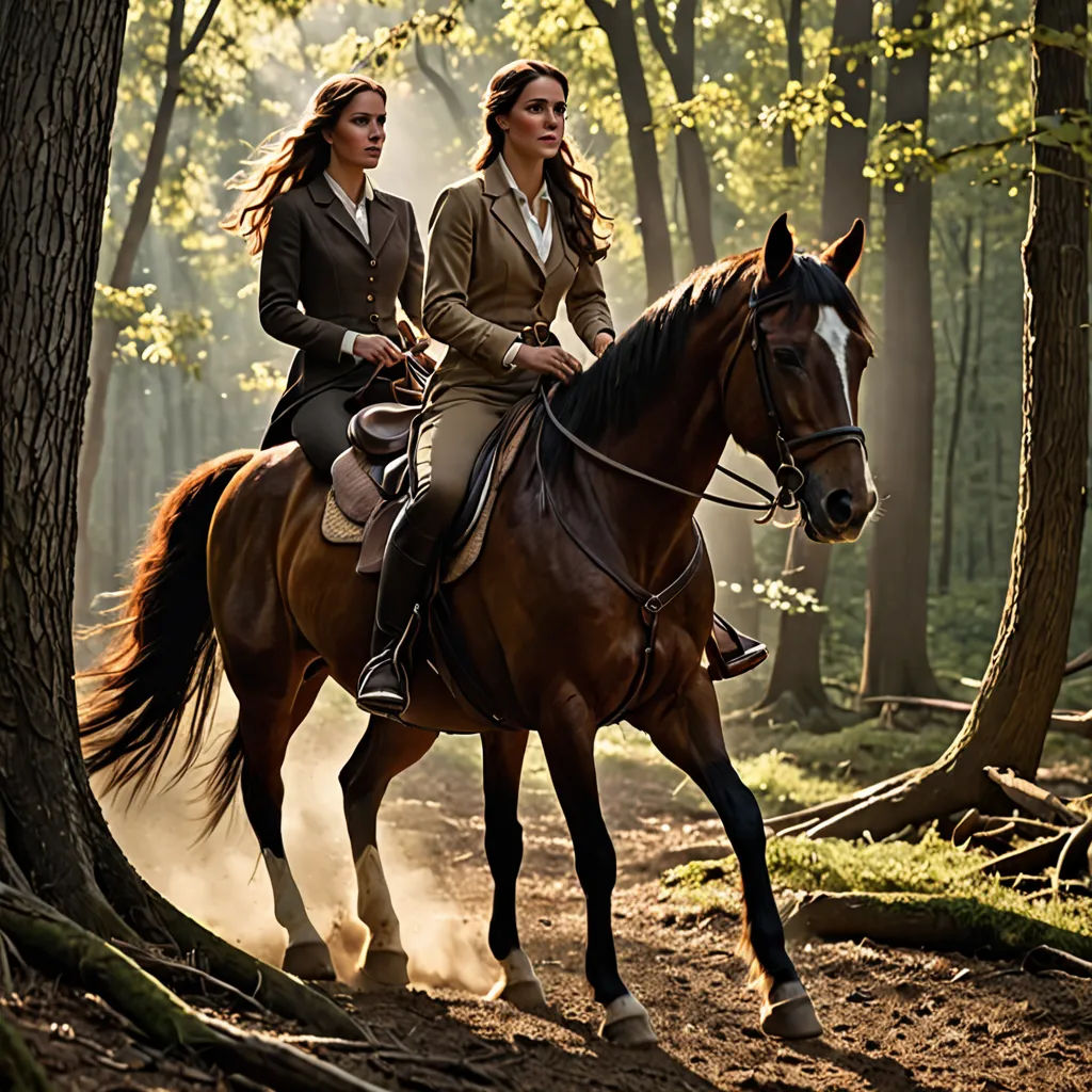 two women riding horses through a forest on a trail in the woods, one of them is riding a horse, german romanticism, a renaissance painting, Annie Leibovitz, promotional image