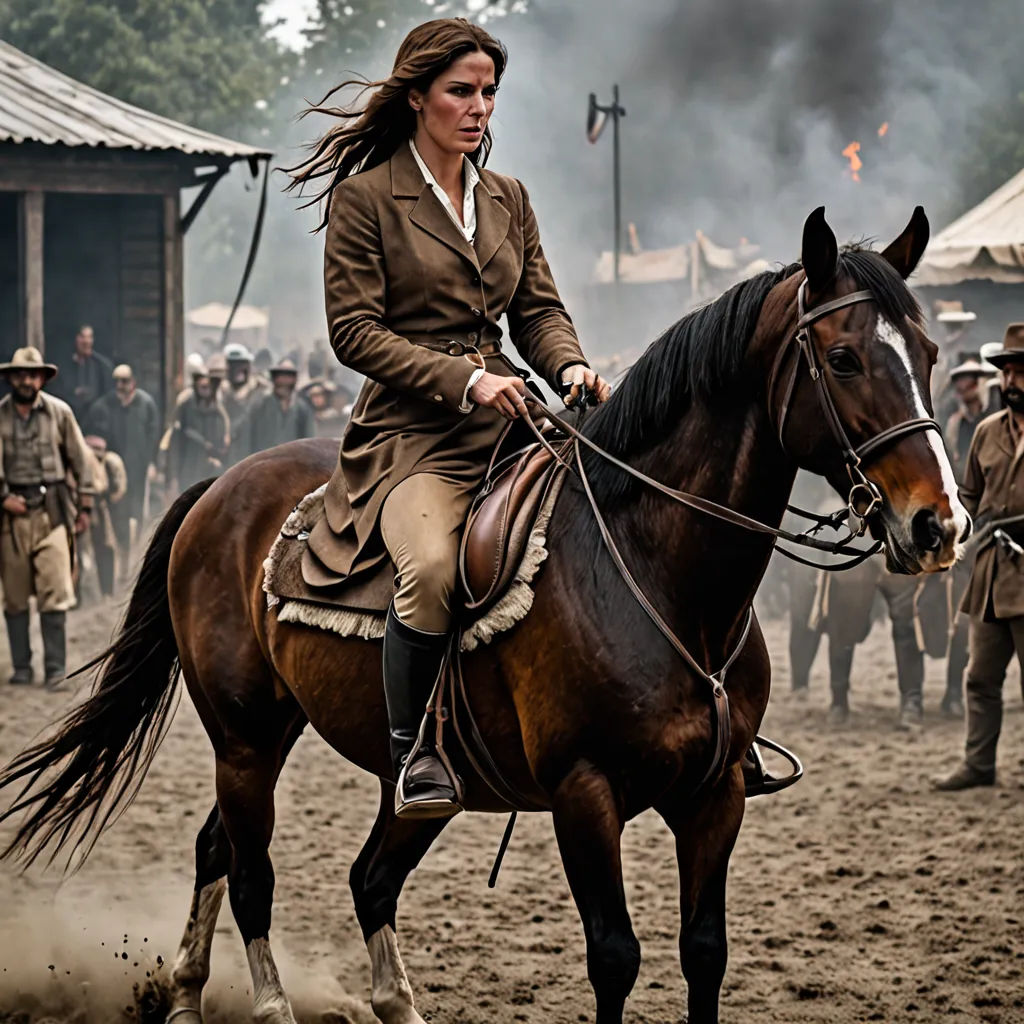 a woman riding a horse in a field with other people in the background and smoke coming out of the back, tonalism, a comic book panel, Clarice Beckett, promotional image